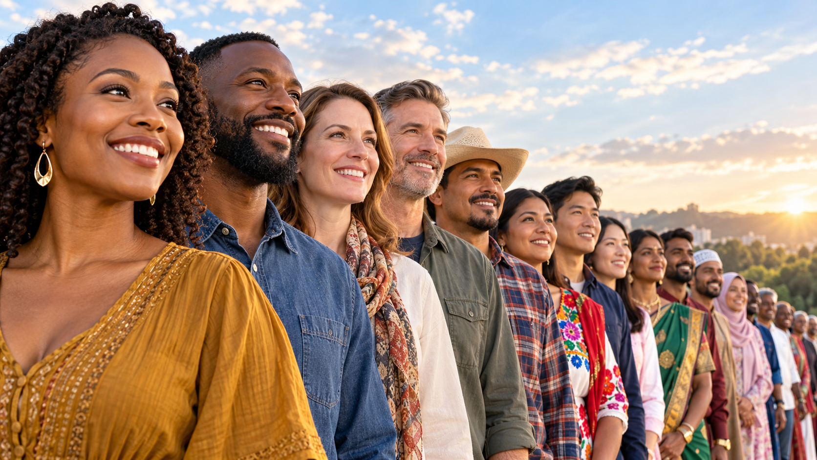 People from diverse backgrounds standing together in a long diagonal line, smiling in warm sunrise light.